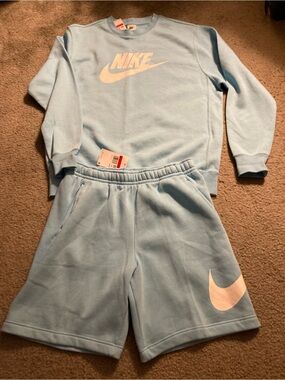 Nike Light Blue Crew Sweatshirt & Shorts Set with White Swoosh